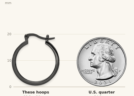 Classique True Size: Sterling Silver Black Rhodium-plated Black CZ Round Hoop Earrings shown next to a US quarter (24.3 mm)