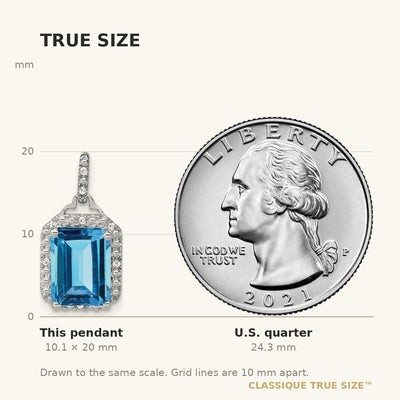 14K White Gold Emerald-cut Blue Topaz and Diamond Halo Pendant