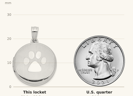 Classique True Size: Sterling Silver Rhodium Grooved & Polished Pawprint Round Locket shown next to a US quarter (24.3 mm)
