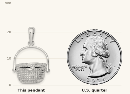 Classique True Size: De-Ani Sterling Silver Rhodium-Plated Polished 3D Nantucket Basket Pendant shown next to a US quarter (24.3 mm)