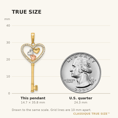 14K w/White and Rose Rhodium Diamond-cut Hearts Key Pendant