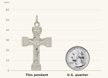 Classique True Size: Sterling Silver Latin Crucifix Pendant shown next to a US quarter (24.3 mm)