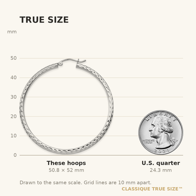Sterling Silver Rhodium Plated Diamond Cut Hoop Earrings, 52 x 2.5mm