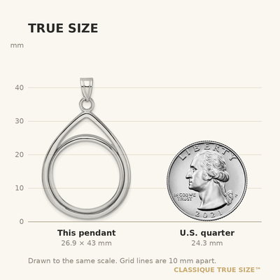 Wideband Distinguished Coin Jewelry 14K White Gold Polished Lightweight Teardrop Prong Coin Bezel Pendant, 43 x 27.15mm
