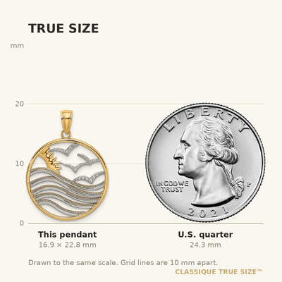 14K w/Rhodium Sunset and Seagulls In Circle Pendant