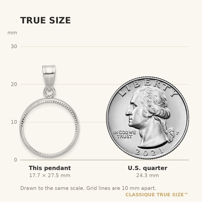 Wideband Distinguished Coin Jewelry 14K White Gold Polished and Diamond-cut Prong Coin Bezel Pendant, 27.5 x 17.6mm