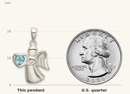 Classique True Size: Sterling Silver Angel w/Light Blue CZ Heart Pendant shown next to a US quarter (24.3 mm)