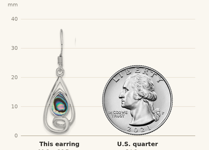 Classique True Size: Sterling Silver RH-plated Polished Abalone Swirl Teardrop Dangle Earrings shown next to a US quarter (24.3 mm)