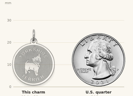 True size: Sterling Silver Rhodium-plated Yorkshire Terrier Disc Charm shown next to a US quarter (24.3 mm)