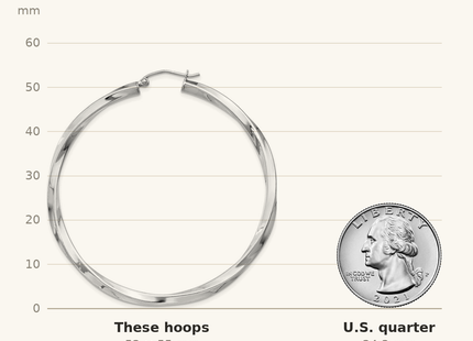 Classique True Size: Sterling Silver Rhodium-plated 3x55mmTwisted Hoop Earrings shown next to a US quarter (24.3 mm)