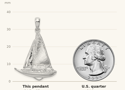 Classique True Size: De-Ani Sterling Silver Rhodium-Plated Polished 3D Sailboat Pendant shown next to a US quarter (24.3 mm)