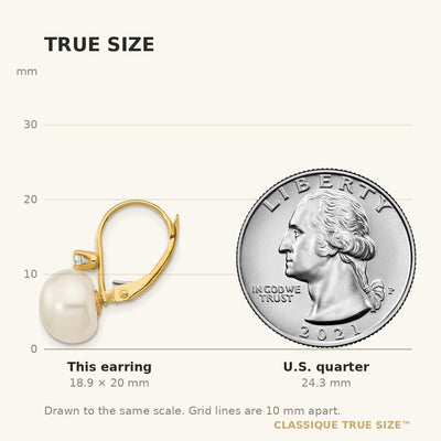 14K White Button Freshwater Cultured Pearl and .10 Carat Diamond Leverback Earrings