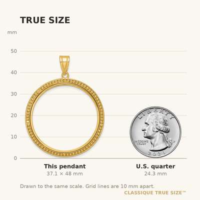 Wideband Distinguished Coin Jewelry 14K Polished and Beaded Prong Coin Bezel Pendant, 48 x 37.65mm