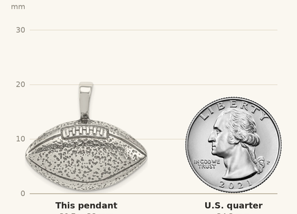 Classique True Size: Sterling Silver Antiqued Football Pendant shown next to a US quarter (24.3 mm)