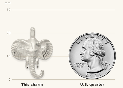 Classique True Size: Sterling Silver Satin Elephant Head Charm shown next to a US quarter (24.3 mm)