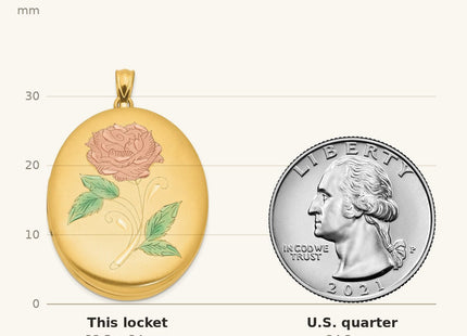 True size: 1/20 Gold Filled Enameled Flower Oval Locket shown next to a US quarter (24.3 mm)