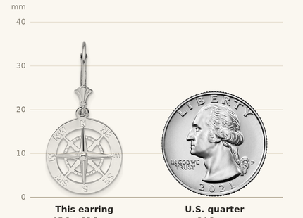 Classique True Size: De-Ani Sterling Silver Rhodium-Plated Polished Compass Leverback Earrings shown next to a US quarter (24.3 mm)