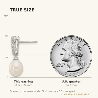 Sterling Silver Rhodium-plated White Teardrop Freshwater Cultured Pearl and CZ Post Dangle Earrings, 24 x 8 to 9mm