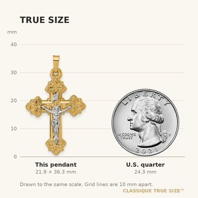 14K with White Rhodium Polished Fleur de Lis Inri Crucifix Cross Pendant, 36.3 x 20.3mm