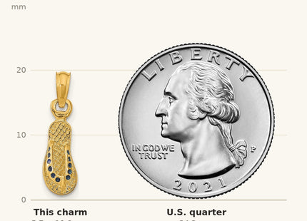 True size: 14k 3D W/ Blue Enamel Single Flip-Flop Charm shown next to a US quarter (24.3 mm)