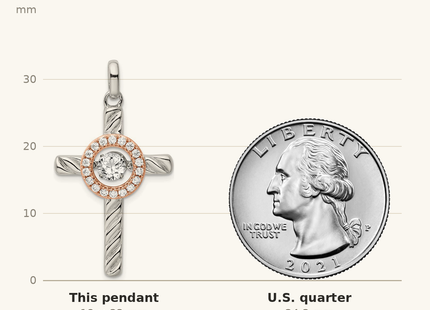 Classique True Size: Sterling Silver Plat-plate Rose & Gold-tone Vibrant CZ Cross Pendant shown next to a US quarter (24.3 mm)
