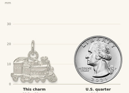 True size: Sterling Silver Train Engine Charm shown next to a US quarter (24.3 mm)