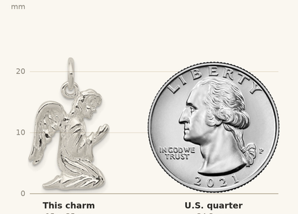 Classique True Size: Sterling Silver Praying Angel Charm shown next to a US quarter (24.3 mm)