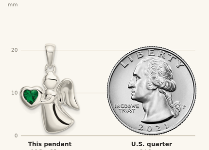 Classique True Size: Sterling Silver Angel w/Dark Green CZ Heart Pendant shown next to a US quarter (24.3 mm)