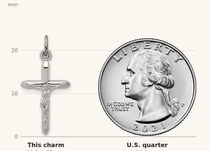 Classique True Size: Sterling Silver Platinum-plated Passion Crucifix Charm shown next to a US quarter (24.3 mm)
