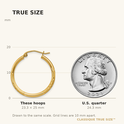 14K Satin and Diamond-cut Round Tube Hoop Earrings, 25 x 2mm