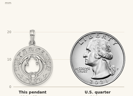 Classique True Size: De-Ani Sterling Silver Rhodium-Plated Textured Turks and Caicos Dolphins Pendant shown next to a US quarter (24.3 mm)