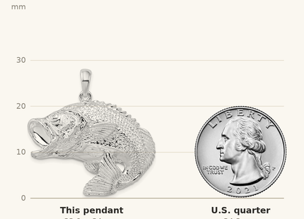 Classique True Size: De-Ani Sterling Silver Rhodium-Plated Jumping Bass Fish Pendant shown next to a US quarter (24.3 mm)