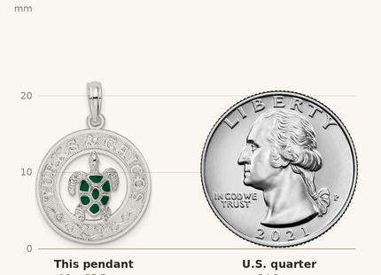 Classique True Size: De-Ani Sterling Silver Rhodium-Plated Enameled Turks and Caicos with Turtle Pendant shown next to a US quarter (24.3 mm)