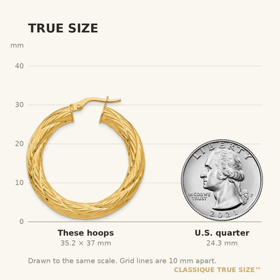 14K Textured Tube Hoop Earrings, 37 x 4.5mm