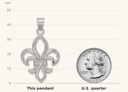 Classique True Size: Sterling Silver Rhodium-platedCZ Fleur de Lis Pendant shown next to a US quarter (24.3 mm)