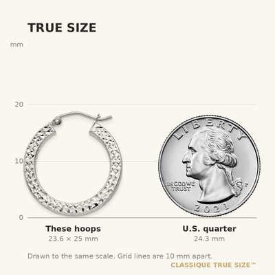 Sterling Silver Rhodium-plated Diamond-cut Square Tube Hoop Earrings, 25 x 3mm