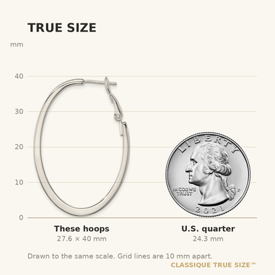Sterling Silver Rhodium-plated Oval Omega Back Hoop Earrings, 40 x 28mm