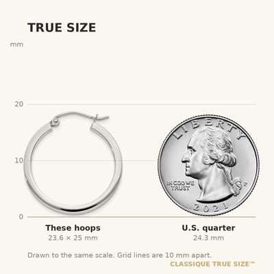 14K White Gold Square Tube Hoops, 25 x 2mm