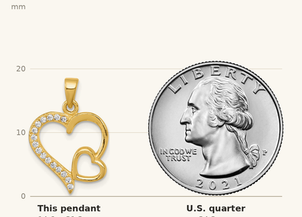 Classique True Size: Sterling Silver Gold-tone Polished CZ Large Heart with Small Heart Pendant shown next to a US quarter (24.3 mm)