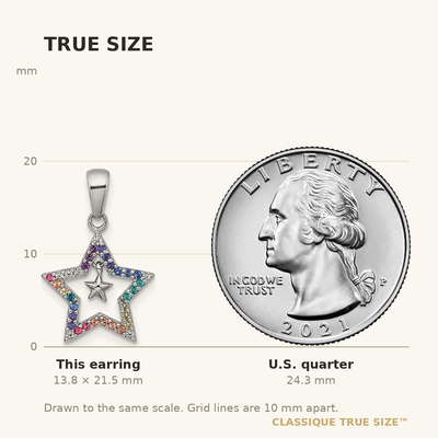 Sterling Silver Rhodium-plated Polished Rainbow Nano Crystals Star with Mini Star Dangle Childrens Post Earrings, 21.5 x 14mm