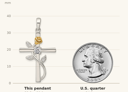Classique True Size: Sterling Silver E-Coat Polished Cross with CZ and Gold-tone Rose Pendant shown next to a US quarter (24.3 mm)