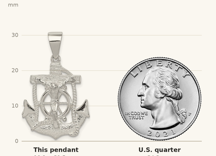 Classique True Size: Sterling Silver Polished Mini Mariner INRI Crucifix Pendant shown next to a US quarter (24.3 mm)