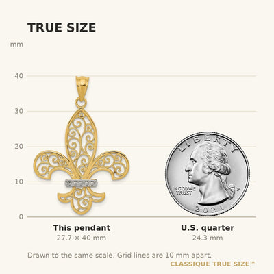 14K and Rhodium Filigree Fleur de Lis Pendant