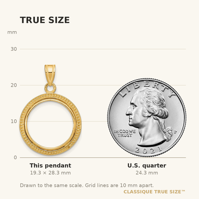 Wideband Distinguished Coin Jewelry 14K Polished and Beaded Prong Coin Bezel Pendant, 28.3 x 19.8mm