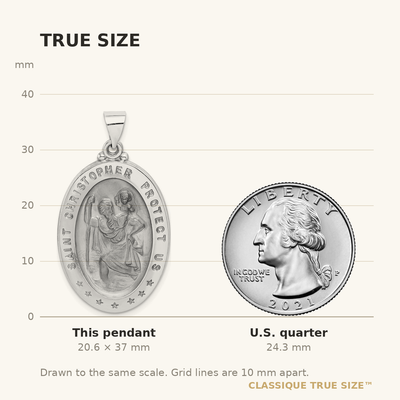 14K White Gold Polished/Satin St Christopher Medal Hollow Pendant, 37 x 21mm