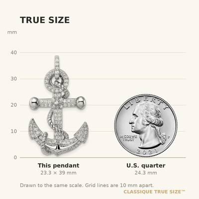 Sterling Silver Rhodium-plated CZ Anchor Pendant, 39 x 20mm
