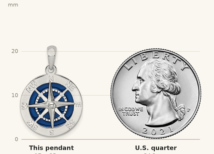 Classique True Size: De-Ani Sterling Silver Rhodium-Plated Polished Enameled Compass Pendant shown next to a US quarter (24.3 mm)