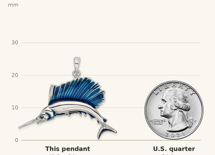 Classique True Size: De-Ani Sterling Silver Rhodium-Plated Polished Enameled Sailfish Pendant shown next to a US quarter (24.3 mm)