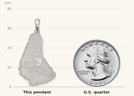 Classique True Size: De-Ani Sterling Silver Rhodium-Plated Polished and Textured Barbados Map Pendant shown next to a US quarter (24.3 mm)