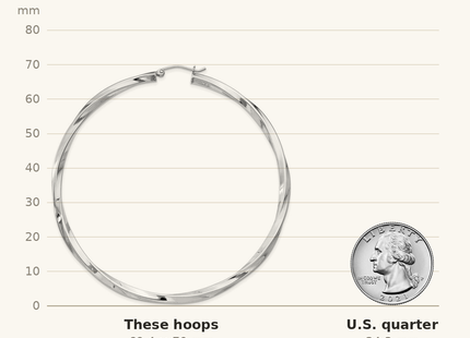 Classique True Size: Sterling Silver Rhodium-plated 3x70mmTwisted Hoop Earrings shown next to a US quarter (24.3 mm)